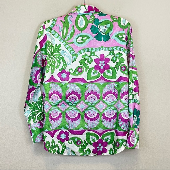 MANGO Italian Fabric Floral Satin Relaxed Button Up Shirt Green Size 4 - Picture 8 of 13